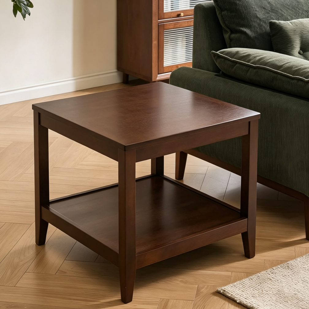 Walnut Solid Wood 2 Tier Square End Table with Storage Shelf