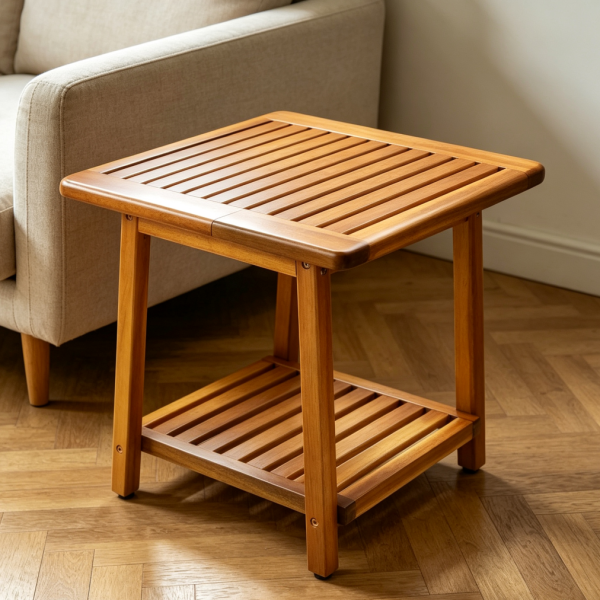 24 Inch Acacia 2 Tier Outdoor Side Table Teak Finish