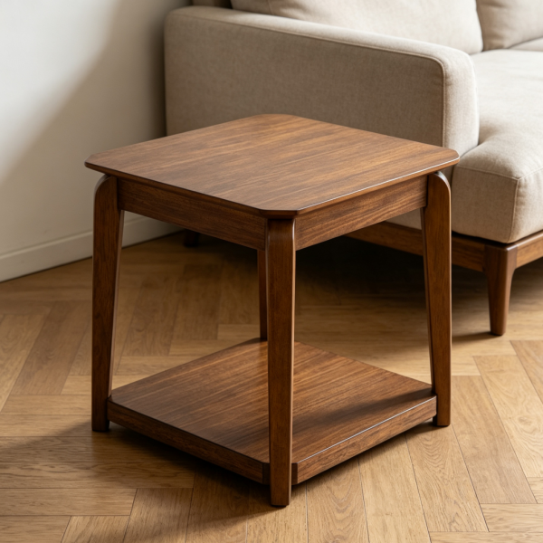 Light Brown Mid Century End Table with Open Shelf