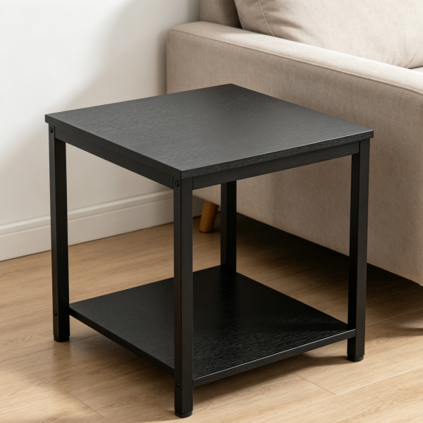 20 Inch Black Metal Wood 2 Tier Side Table